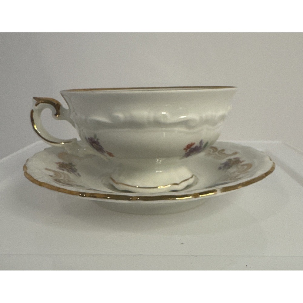 German Tea Cup And Saucer Set Flower Gold Trim Vintage By Seltmann Erbendorf